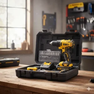 A budget-friendly cordless drill set including a carry case, spare battery, and drill bits.