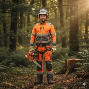 An arborist wearing UK-standard PPE, including a helmet and chainsaw trousers, holding a Husqvarna top-handle saw.