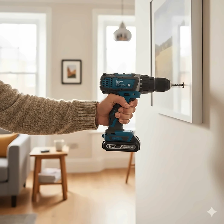A person using a top-rated budget cordless drill to hang a picture frame on a plastered wall in a UK living room. best budget cordless drill