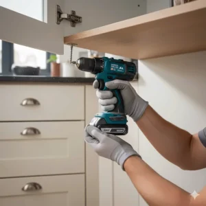 A lightweight, compact combi drill being used to install kitchen cabinets in a tight corner.
