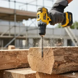 A high-torque brushless cordless drill driving a large screw into a heavy timber sleeper.