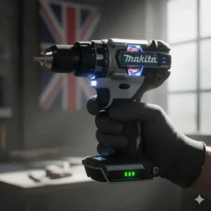 Close-up of a modern brushless motor combi drill showing the compact design and battery indicator.