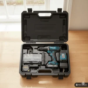 A complete budget cordless drill kit including a hard-shell carry case, spare battery, and a set of screwdriver bits.