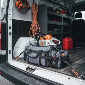A top-handle chainsaw stored securely in a heavy-duty carry bag inside a British arborist's work van.