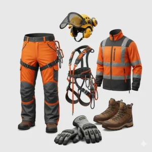 Essential arborist PPE including Type C chainsaw trousers, climbing helmet, and gloves for UK tree work.