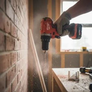 A combi drill using hammer mode to drill a hole into a red brick wall for a wall plug.