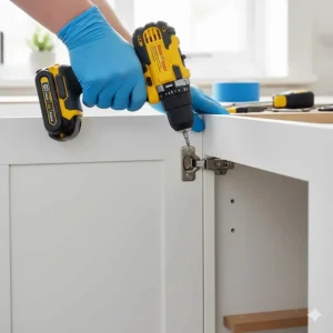 A lightweight, compact cordless drill being used to install hinges inside a kitchen cabinet.