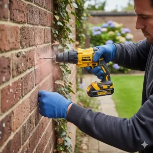 A versatile cordless combi drill with a hammer function being used on a red brick wall.