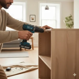 Illustration of a budget cordless drill being used to tighten screws on a wooden flat-pack bookshelf.