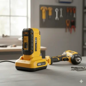 An 18V lithium-ion battery charging on a workbench next to a cordless power drill.