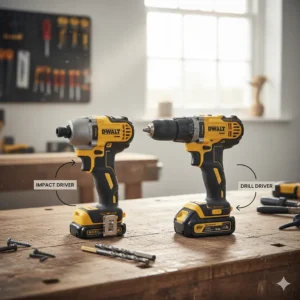 Side-by-side view of a cordless impact driver and a standard drill driver showing the difference in chuck design.
