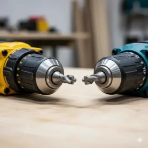 High-detail shot of the all-metal ratcheting chucks on DeWalt and Makita drills, demonstrating professional-grade build quality.