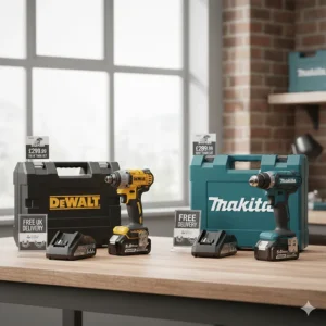 A professional tool kit arrangement featuring a Makita Makpac case and a DeWalt TSTAK box with respective drill sets available in the UK market.