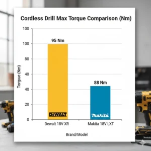 A DeWalt and Makita drill bit entering a piece of structural timber, showcasing the power and torque of both 18V models during a performance test.