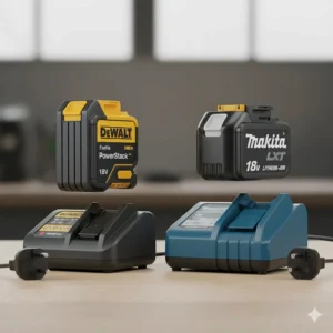 A comparison of the DeWalt PowerStack battery and Makita LXT lithium-ion battery packs sitting on a workshop table next to a UK mains charger.