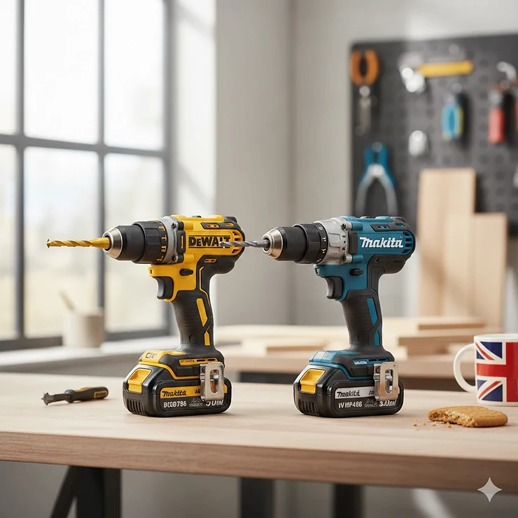 A side-by-side comparison of a yellow DeWalt 18V XR brushless drill and a blue Makita 18V LXT combi drill on a light oak workbench, featuring a Union Jack mug and biscuit in a sunlit British workshop. DeWalt vs Makita cordless drill