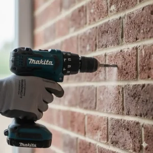 A Makita 18V cordless hammer drill being used with a masonry bit to drill into a standard red London brick wall.