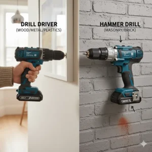 Comparison graphic showing the difference between a standard drill driver and a budget hammer drill for masonry work.