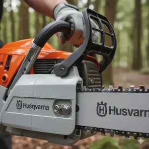 Detailed view of the inertia-activated chain brake on a Husqvarna top-handle chainsaw for enhanced user safety.