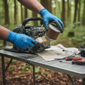 A user performing routine maintenance on a Husqvarna chainsaw air filter to ensure long-term engine reliability.