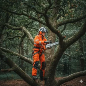 Professional UK arborist using a Husqvarna top-handle chainsaw for precision pruning while harnessed in a tree.