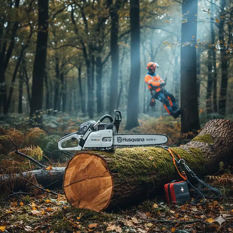 A professional Husqvarna top-handle chainsaw resting on a freshly cut oak log in a British woodland setting. husqvarna top handle chainsaw