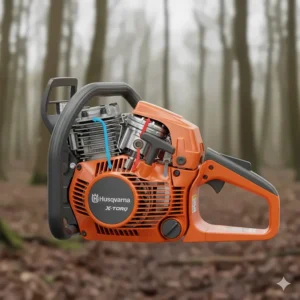 Diagram of the Husqvarna X-Torq engine technology in a top-handle chainsaw for reduced petrol emissions and high torque.