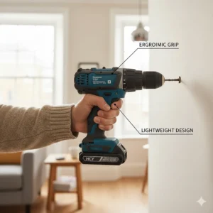 Illustration highlighting the ergonomic rubberised handle and lightweight design of a budget cordless drill for easy handling.