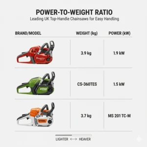 Graphic showing the power-to-weight ratio of leading UK top-handle chainsaw brands for easy handling.