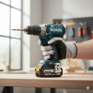 A detailed view of the rubberised ergonomic grips and triggers on DeWalt and Makita cordless drills, highlighting user comfort for DIY and trade use.
