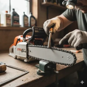 Close-up of a technician sharpening the cutters on a top-handle chainsaw chain with a round file.