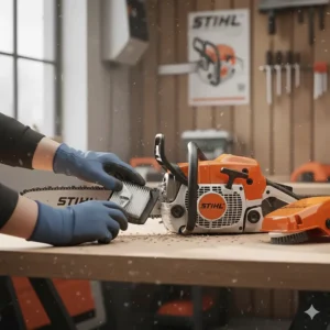 Maintaining a Stihl professional top handle chainsaw by accessing the heavy-duty air filter system.