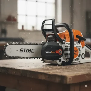 Close-up of the QuickStop chain brake and hand guard safety features on a Stihl top handle chainsaw.