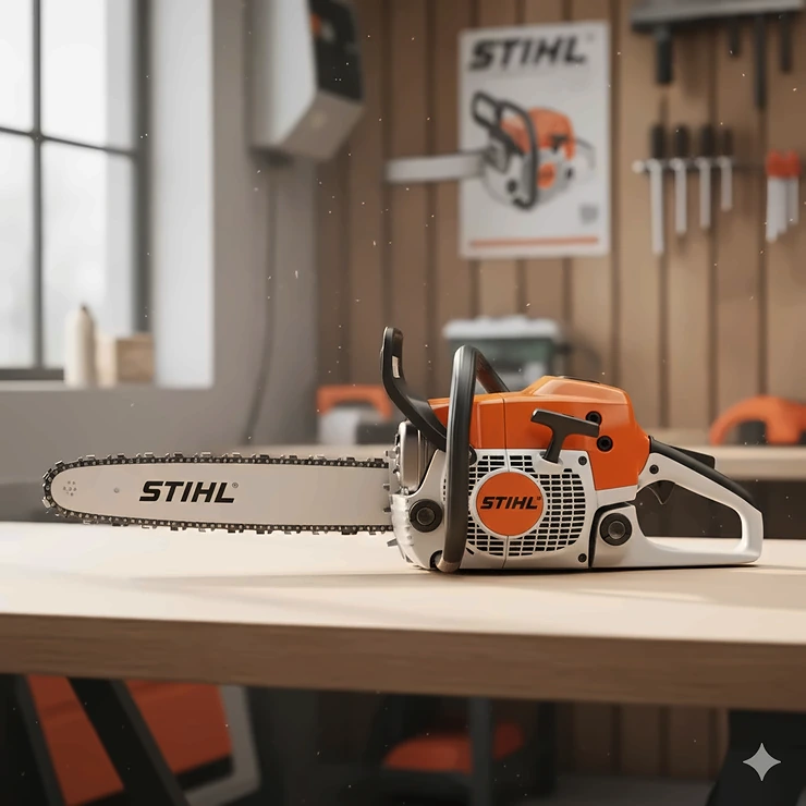 Side profile of the Stihl MS 201 TC-M petrol top handle chainsaw showing the compact design. stihl top handle chainsaw