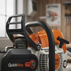 Detail of the ergonomic top handle grip and integrated controls on a professional Stihl petrol chainsaw.