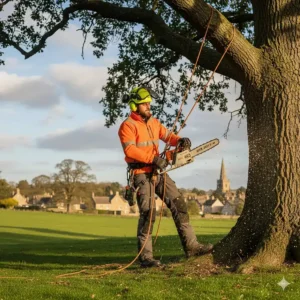 Professional arborist using a Stihl top handle chainsaw for tree surgery in a British parkland setting.