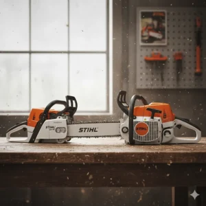 Side-by-side comparison of a Stihl top handle chainsaw and a standard rear handle model for scale.