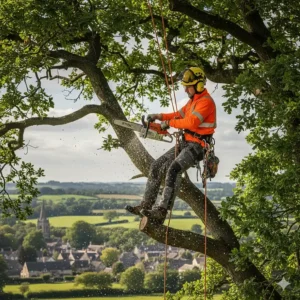 British tree surgeon performing aerial work with a Stihl top handle chainsaw on an oak tree.