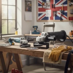 Comparison of a compact 115mm DIY angle grinder next to a large 230mm industrial model.