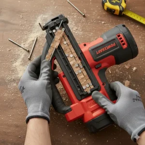 A close-up of the thumbwheel used for adjusting the drive depth on a professional framing nailer.