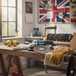 A selection of angle grinder discs for metal cutting, stone grinding, and sanding laid out on a workbench.