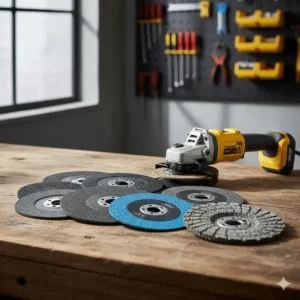A selection of 115mm and 125mm discs for a cordless angle grinder including metal cutting and masonry wheels.