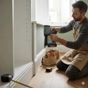 Illustration showing how an angled finish nailer reaches into tight corners for built-in wardrobe assembly.