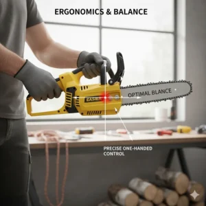 An illustration showing the ergonomic design and balanced weight distribution of a top handle chainsaw for precise arborist work.
