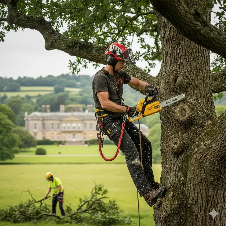 A professional British arborist using a top handle chainsaw to prune a mature oak tree while wearing a full climbing harness and safety gear. top handle chainsaw for arborists