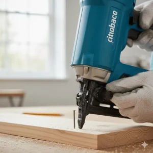 Alt text for image 8: A hand adjusting the depth-of-drive dial on a brad nailer to ensure nails are driven flush into soft timber.
