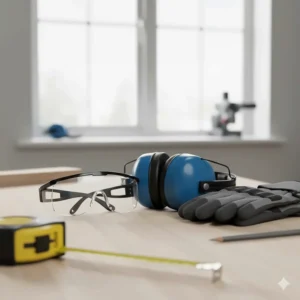 Alt text for image 7: Essential personal protective equipment for woodwork including safety goggles, ear defenders, and heavy-duty gloves.
