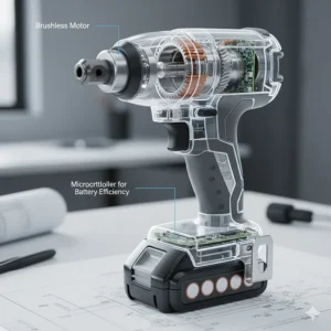 Internal diagram of a brushless motor impact driver showing improved battery efficiency for all-day trade use.