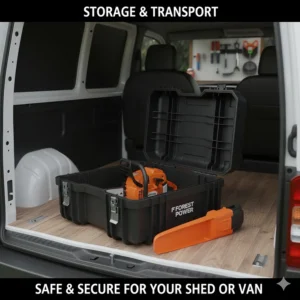 A heavy-duty chainsaw carry case and scabbard designed for safe storage in a shed or transport in a van.