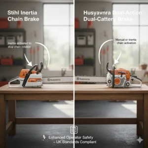 Comparison of the inertia-activated chain brakes and front hand guards on Stihl and Husqvarna professional chainsaws.